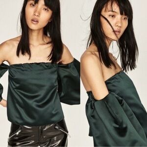 NWT Zara off Shoulder Green Satin Top